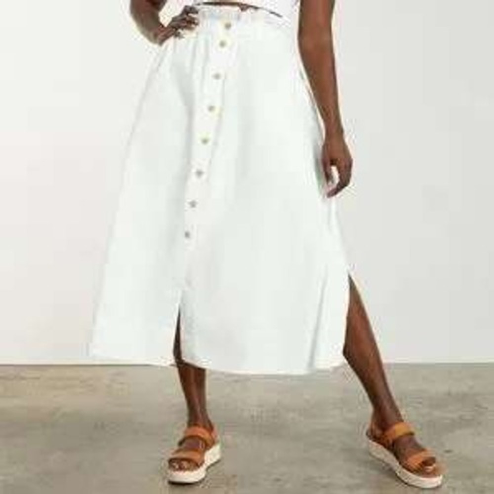 Everlane Easy Button Front Midi Skirt Size S White Cotton Paperbag Waist Pocket